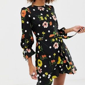 Frill detail dress in floral and polka dot
